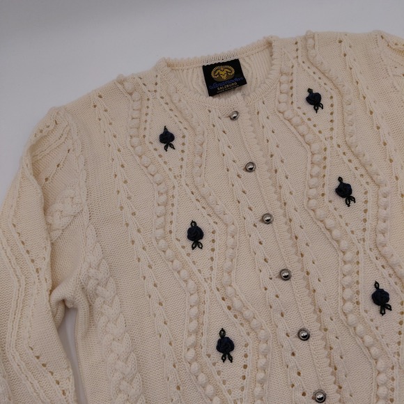 Lanamoden Sweaters - Vtg Lanamoden Salzburg Cream Wool Cable Knit Cardigan 3D Austria Cottagecore